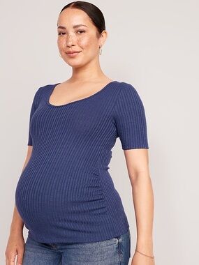 Ribbed Scoop Neck Maternity Short Sleeve Top - Navy Blue